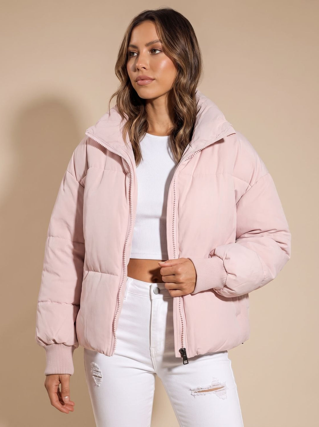 Women's Oversized Puffer Jacket Stand Collar Full-Zip Ribbed Cuffs - Pink