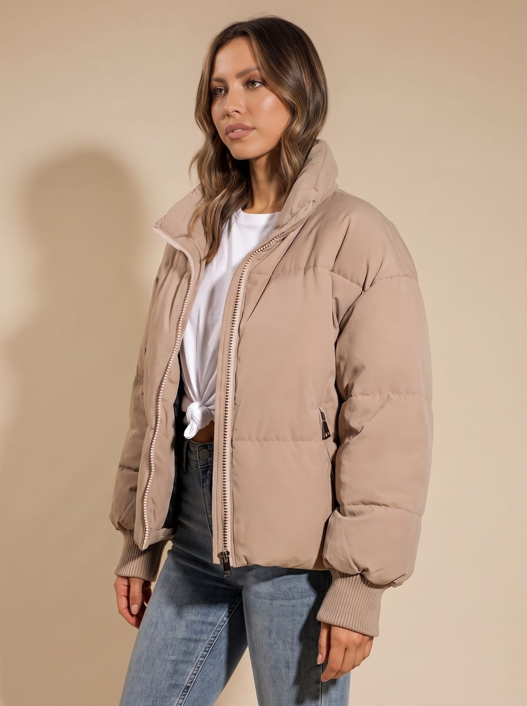 Women's Oversized Puffer Jacket Stand Collar Full-Zip Ribbed Cuffs