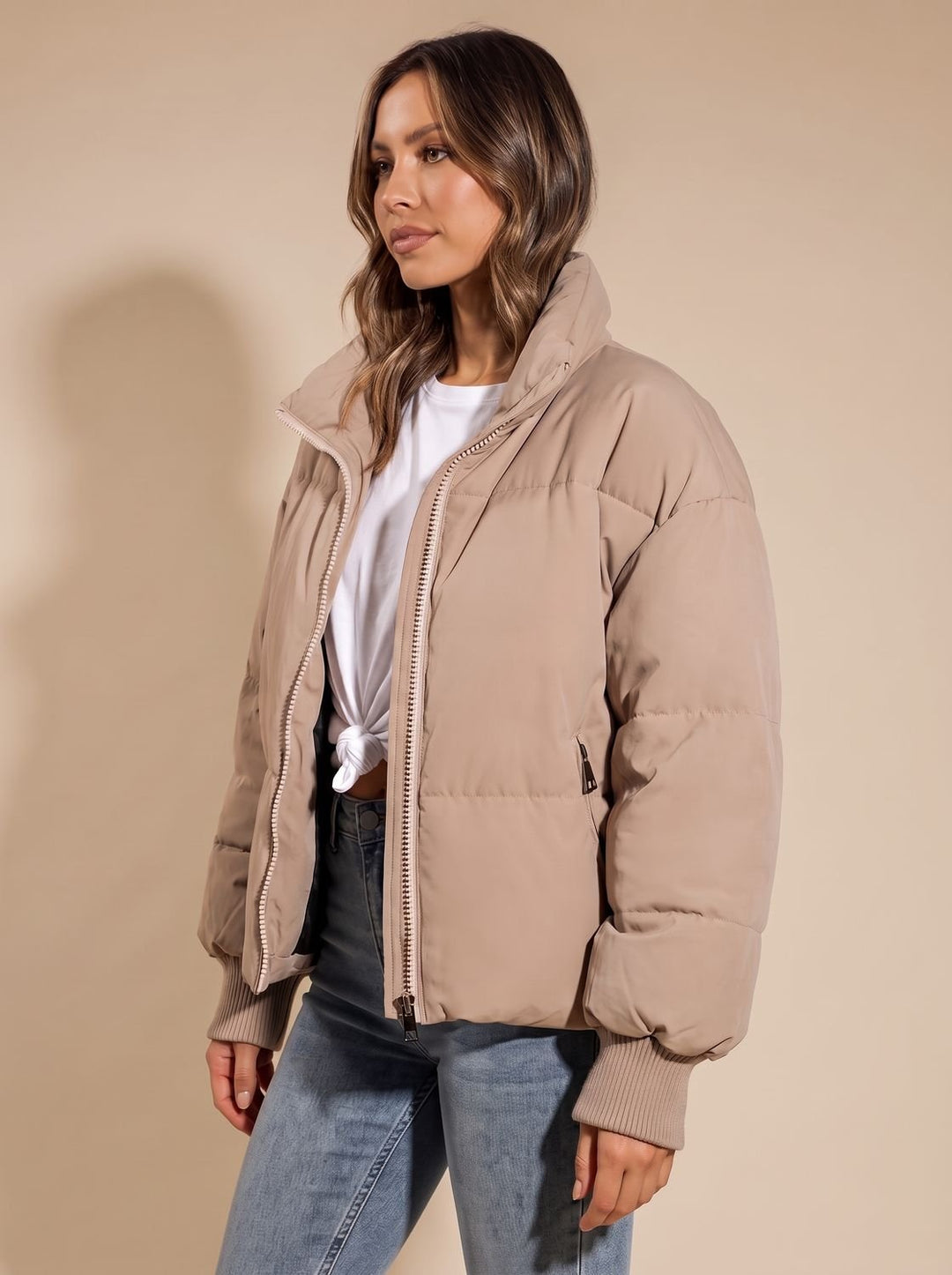 Women's Oversized Puffer Jacket Stand Collar Full-Zip Ribbed Cuffs