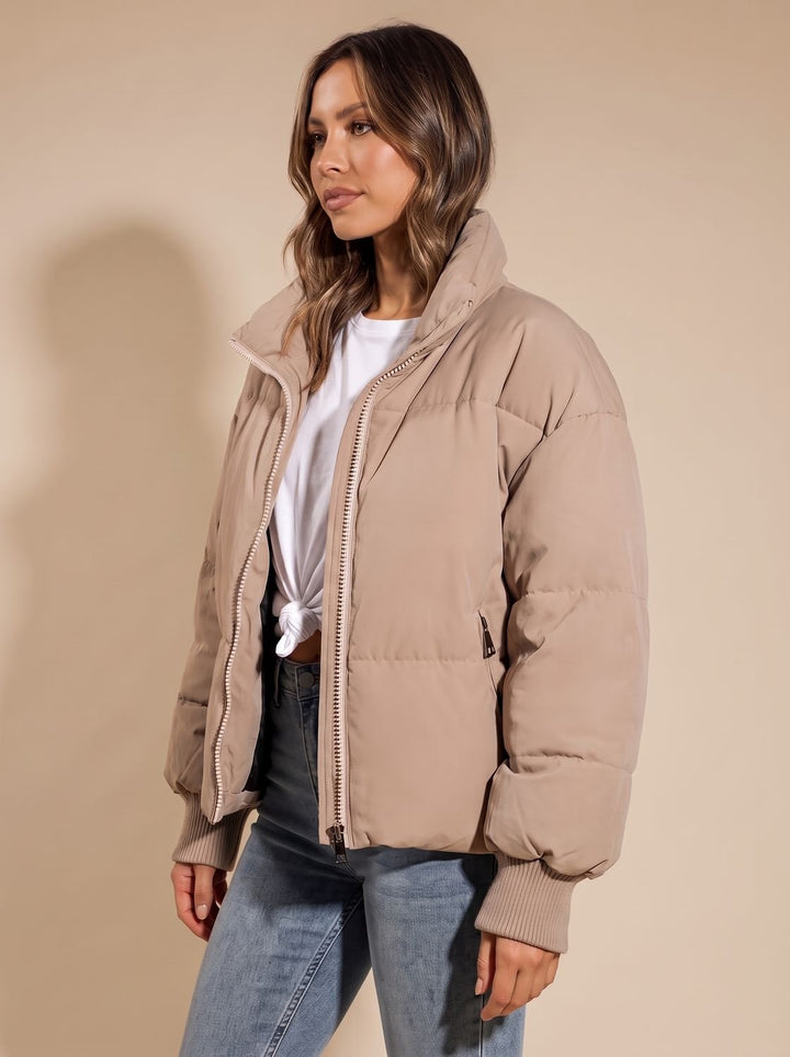Women's Oversized Puffer Jacket Stand Collar Full-Zip Ribbed Cuffs
