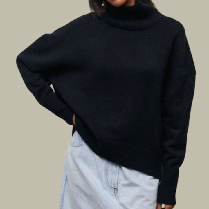 Women's Oversized Relaxed Fit Turtleneck Knit Sweater - Black