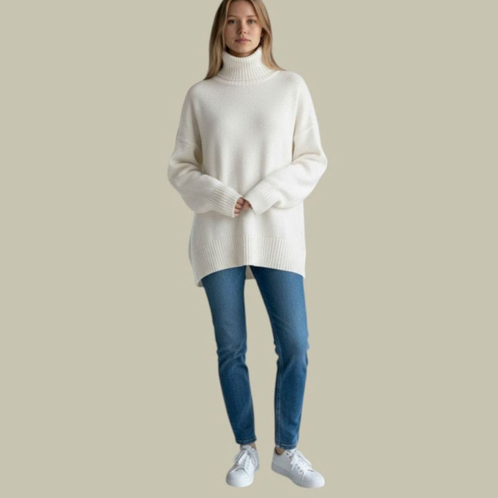 Women's Oversized Relaxed-Fit Turtleneck Sweater Long Knit Pullover - White