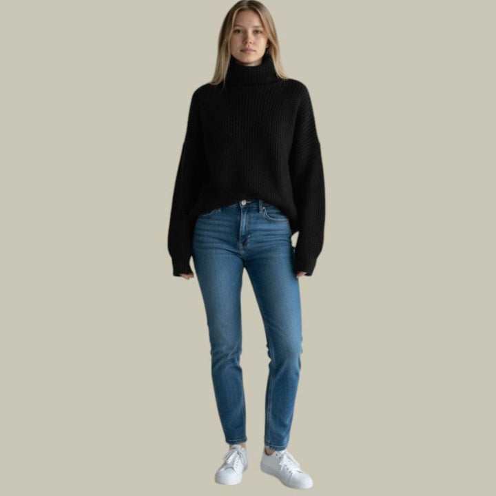 Women's Oversized Relaxed-Fit Turtleneck Sweater Long Knit Pullover - Black