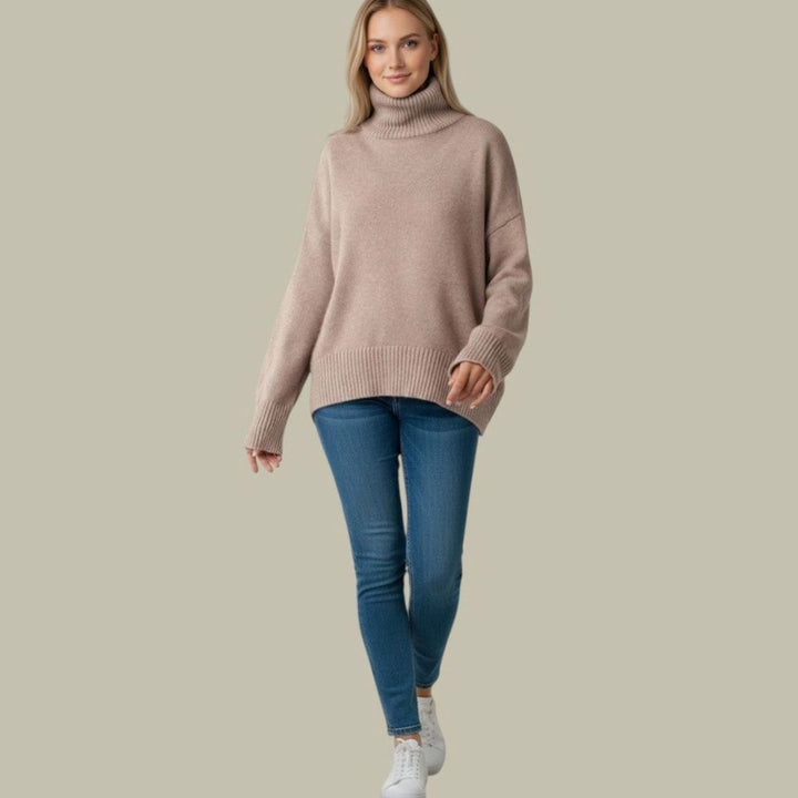 Women's Oversized Relaxed-Fit Turtleneck Sweater Long Knit Pullover - Beige