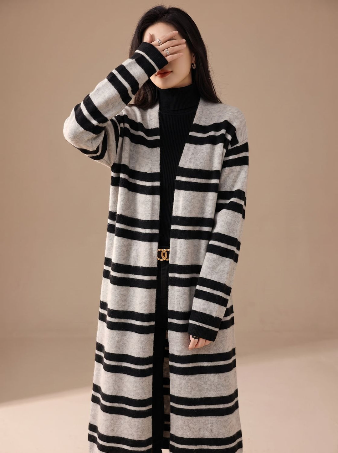 Women's Oversized Striped Long Open-Front Cardigan Sweater