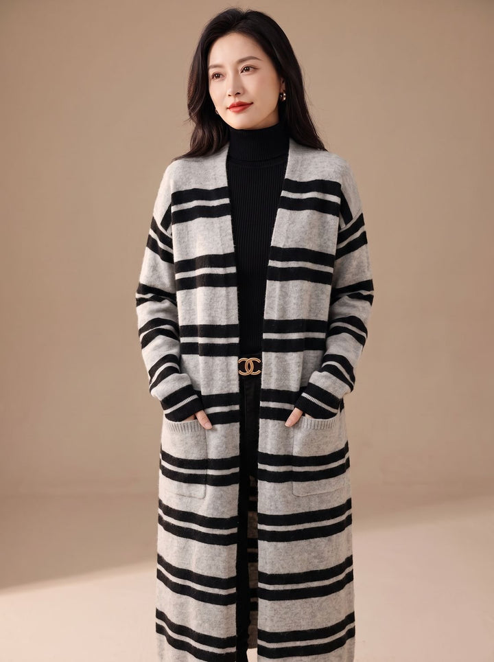 Women's Oversized Striped Long Open-Front Cardigan Sweater - Black-Gray