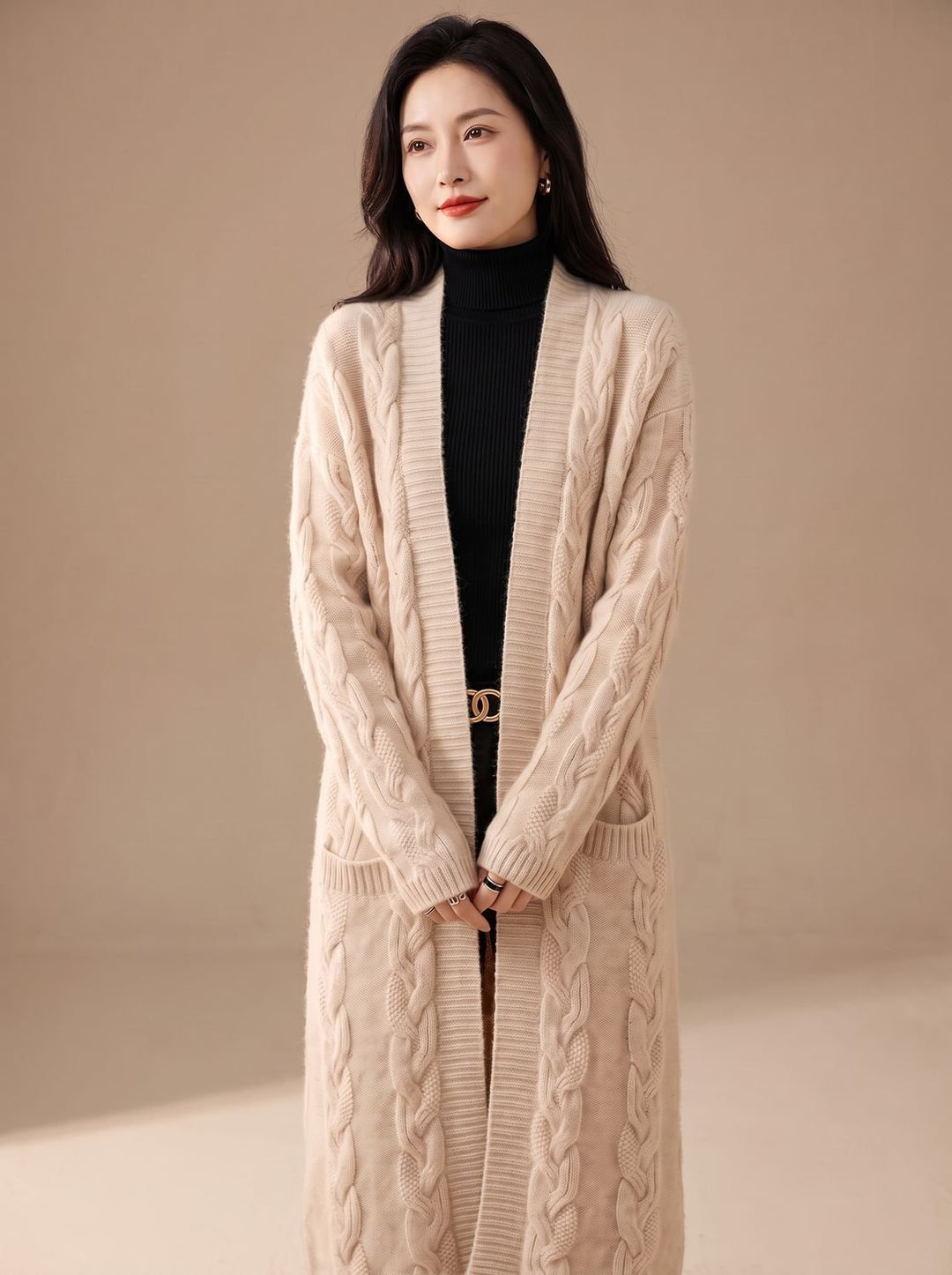 Women's Oversized Striped Long Open-Front Cardigan Sweater - Beige