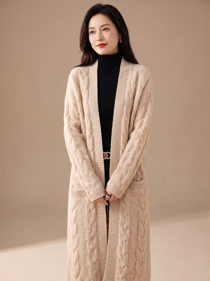 Women's Oversized Striped Long Open-Front Cardigan Sweater - Beige