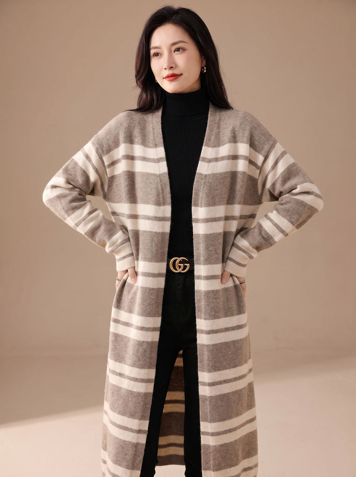 Women's Oversized Striped Long Open-Front Cardigan Sweater - Beige-Camel