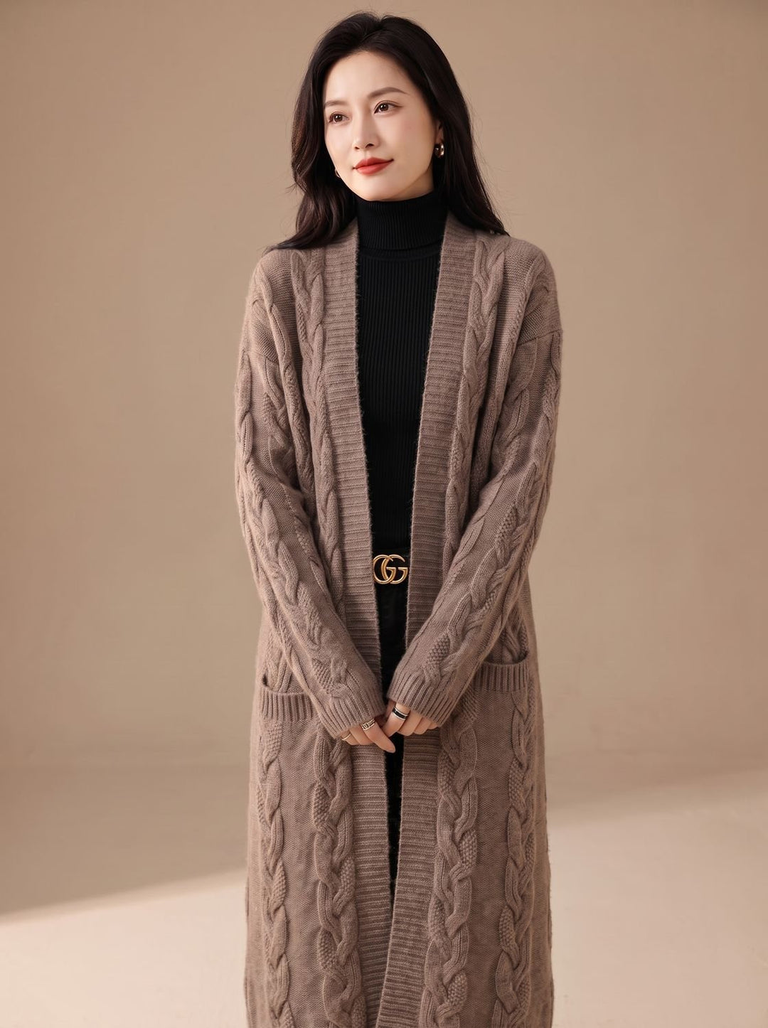 Women's Oversized Striped Long Open-Front Cardigan Sweater - Camel Brown