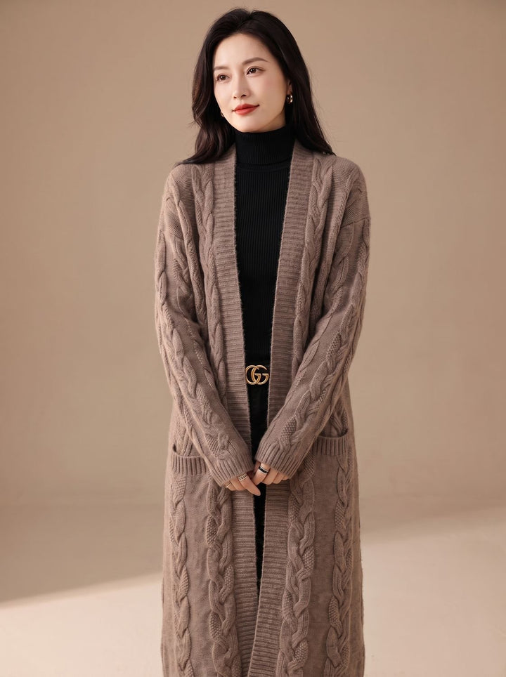 Women's Oversized Striped Long Open-Front Cardigan Sweater - Camel Brown