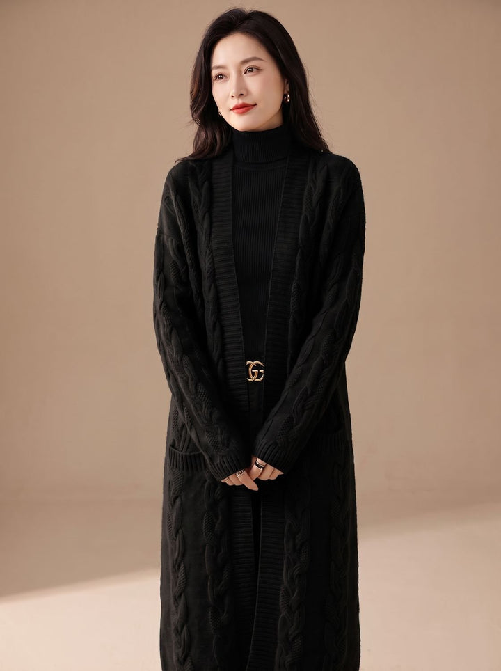 Women's Oversized Striped Long Open-Front Cardigan Sweater - Black