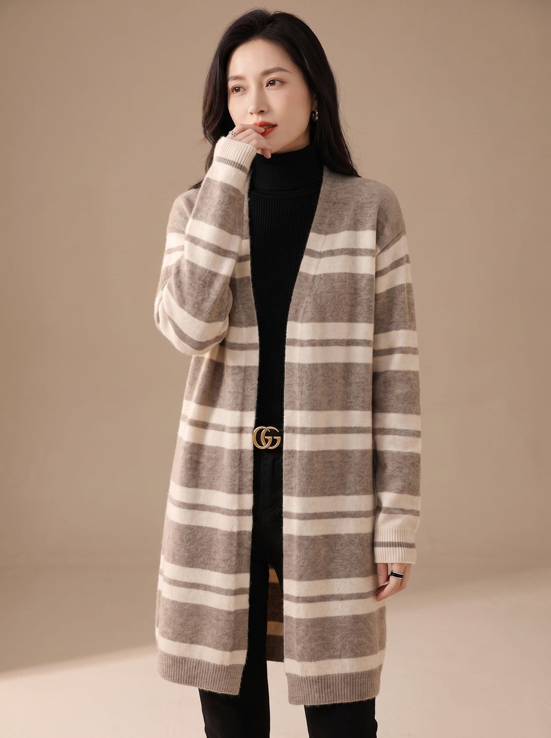 Women's Oversized Striped Long Open-Front Cardigan Sweater