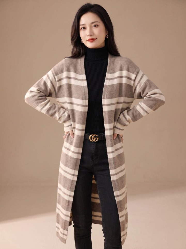 Women's Oversized Striped Long Open-Front Cardigan Sweater