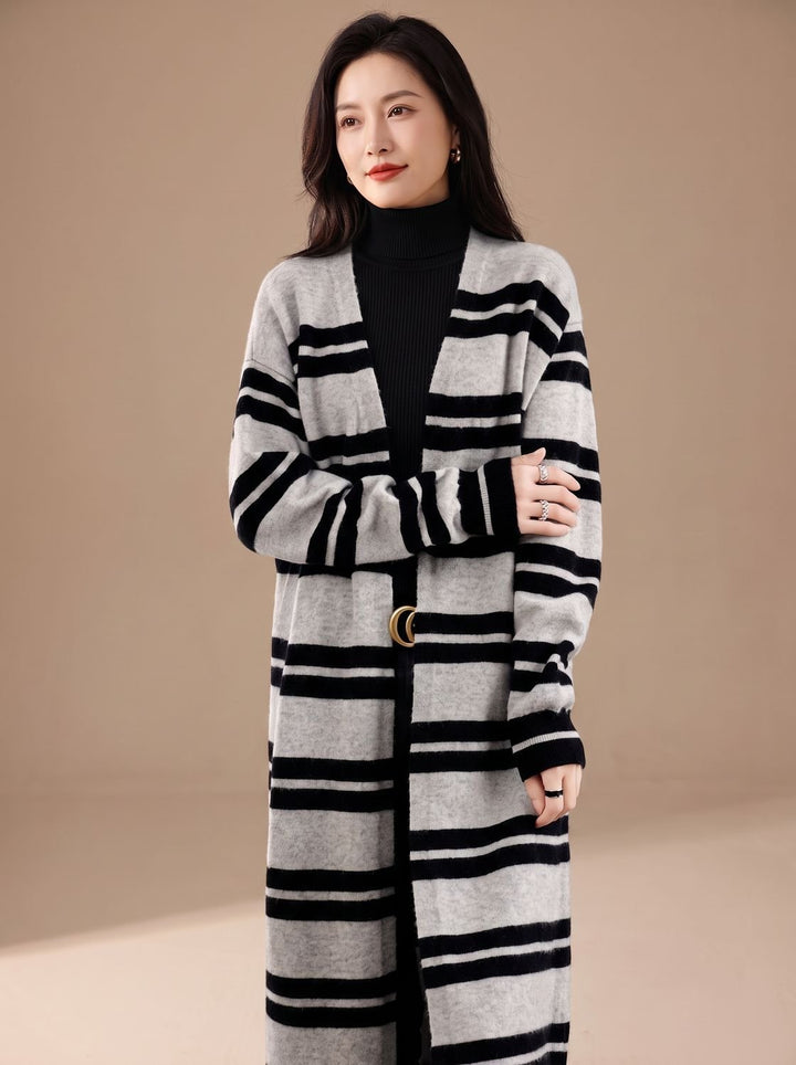 Women's Oversized Striped Long Open-Front Cardigan Sweater