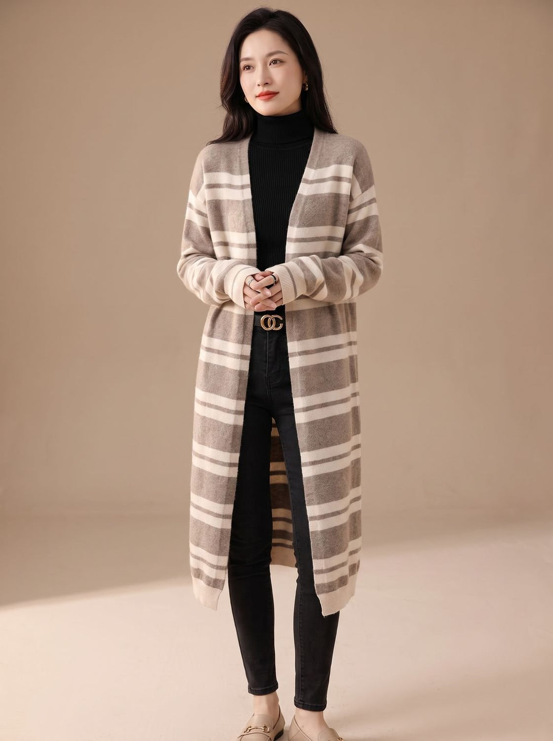 Women's Oversized Striped Long Open-Front Cardigan Sweater
