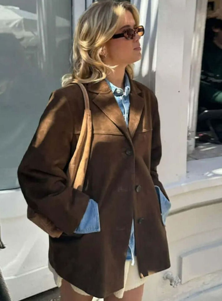 Women's Oversized Suede-Look Notch-Lapel Blazer Jacket