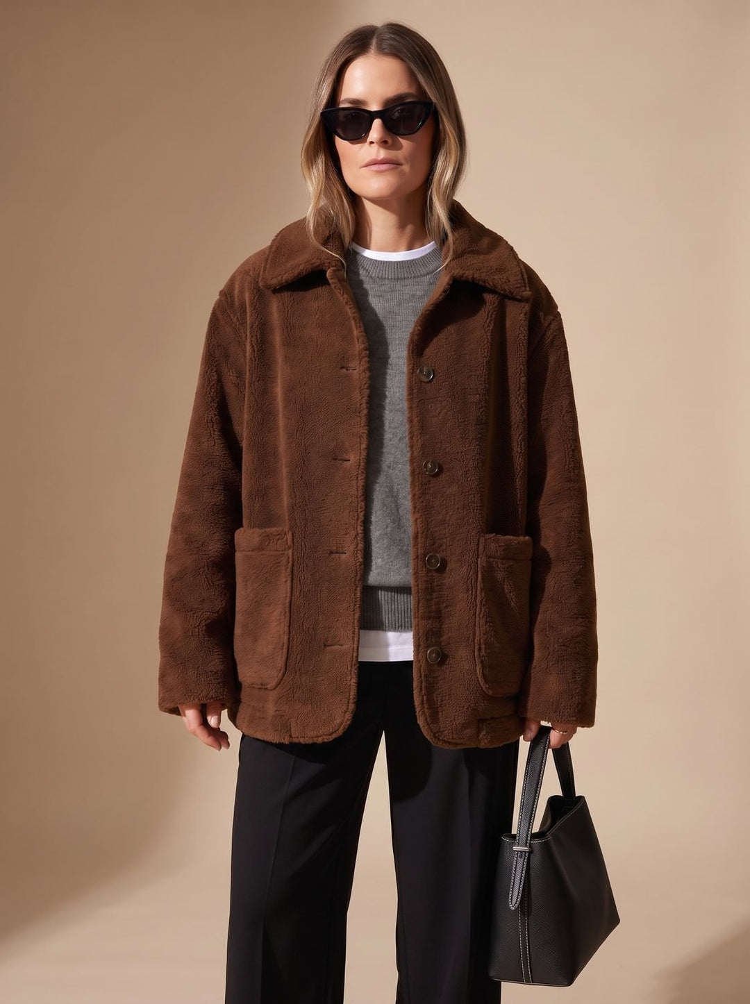 Women's Oversized Teddy Button-Front Jacket with Patch Pockets - Brown