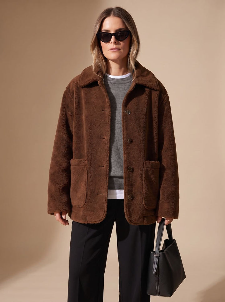 Women's Oversized Teddy Button-Front Jacket with Patch Pockets - Brown