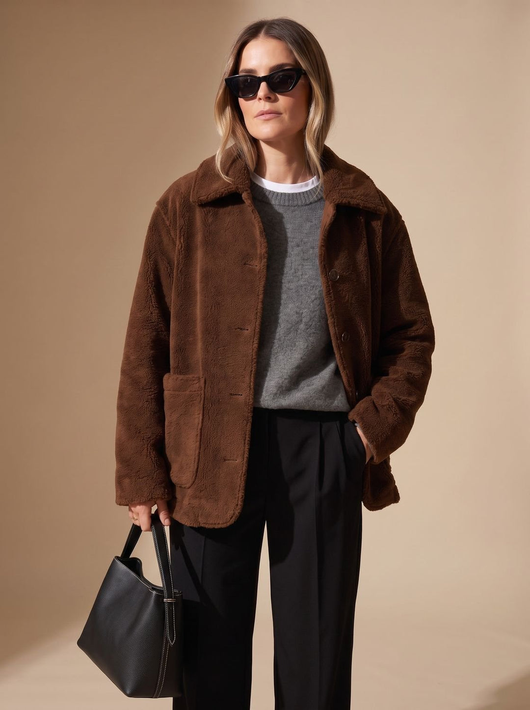Women's Oversized Teddy Button-Front Jacket with Patch Pockets