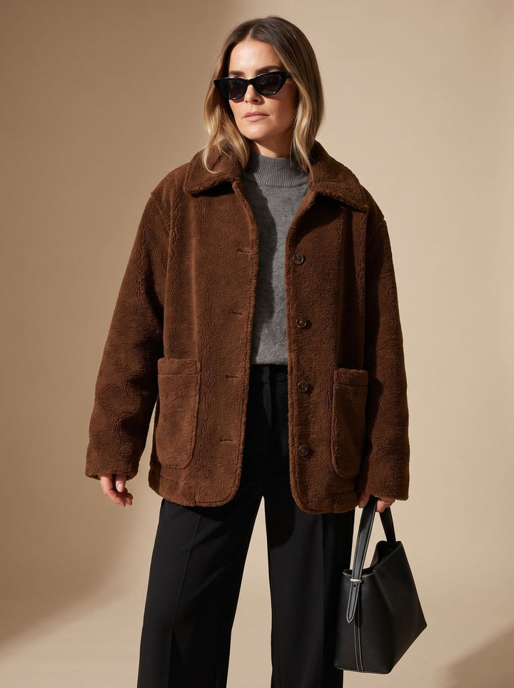 Women's Oversized Teddy Button-Front Jacket with Patch Pockets