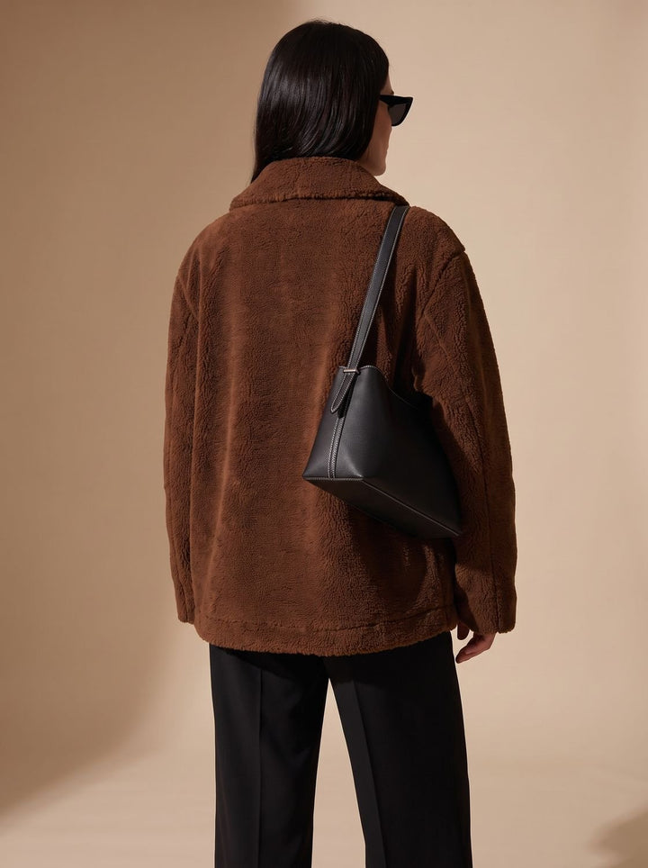 Women's Oversized Teddy Button-Front Jacket with Patch Pockets