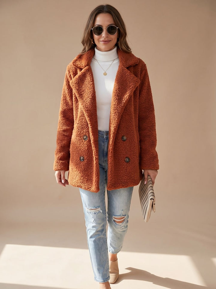 Women's Oversized Teddy Faux Fur Double-Breasted Coat - Caramel