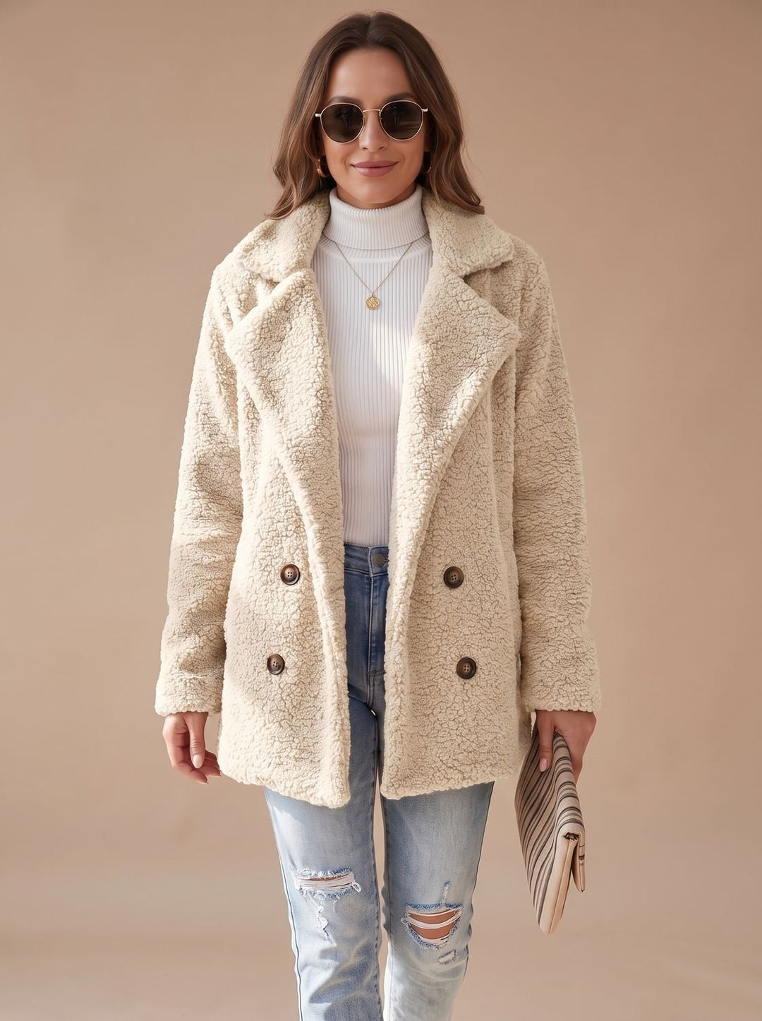 Women's Oversized Teddy Faux Fur Double-Breasted Coat - White