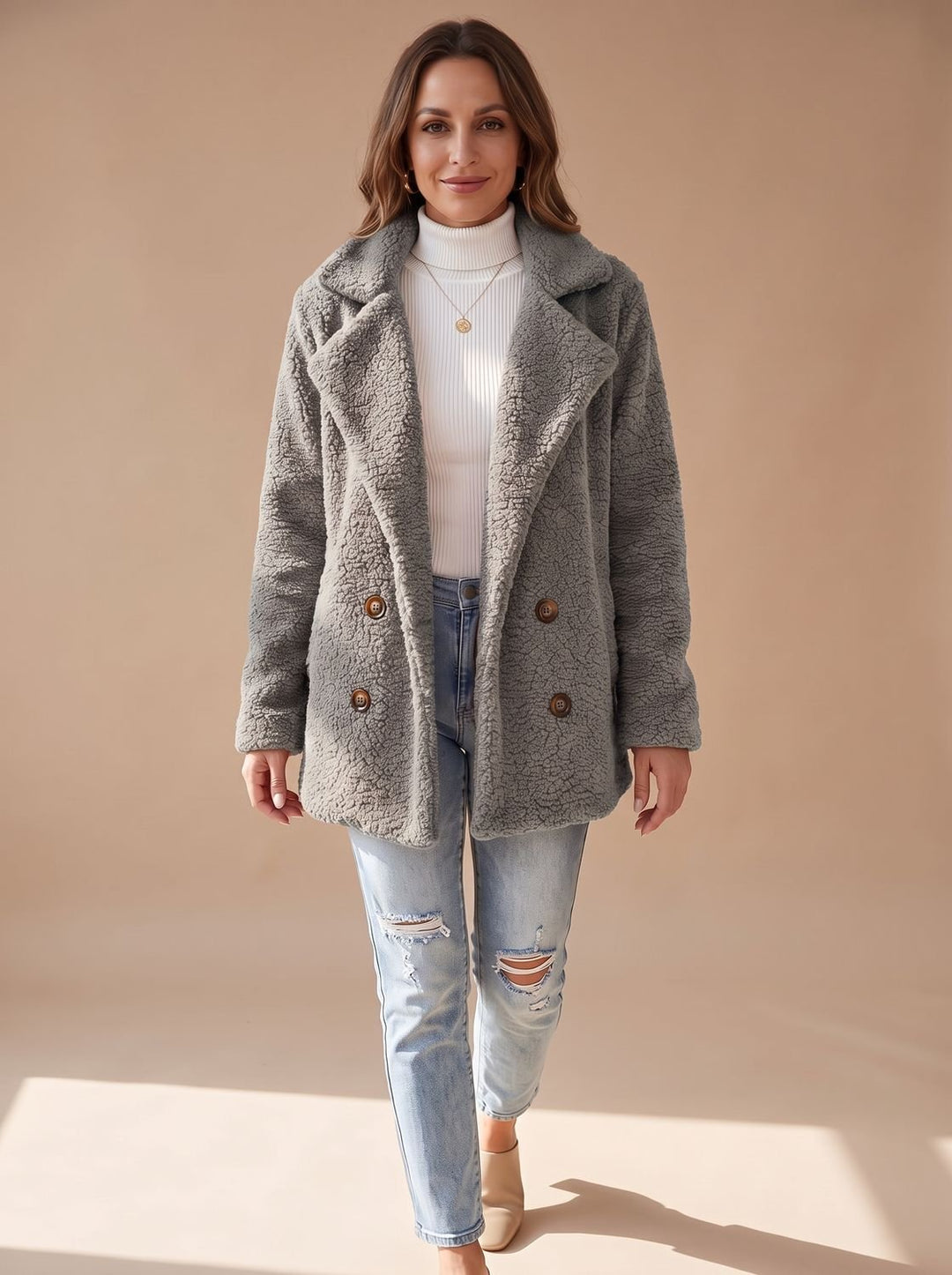 Women's Oversized Teddy Faux Fur Double-Breasted Coat - Light Grey