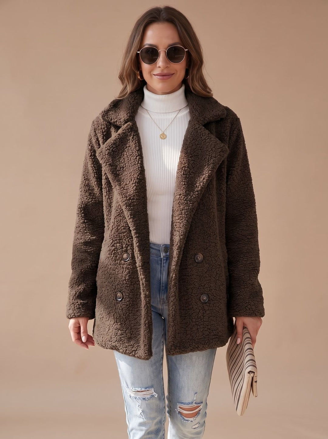 Women's Oversized Teddy Faux Fur Double-Breasted Coat - Coffee