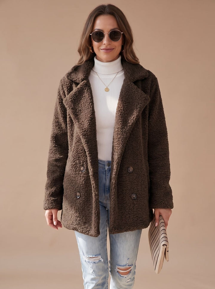 Women's Oversized Teddy Faux Fur Double-Breasted Coat - Coffee