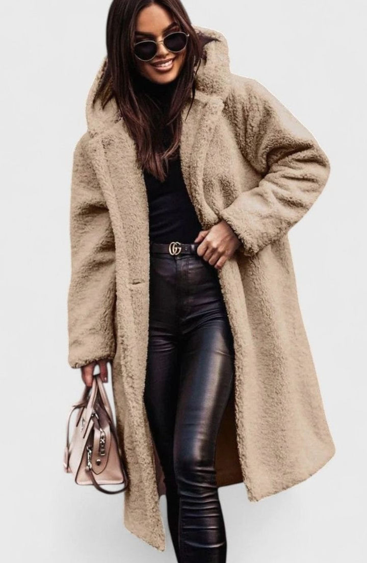 Women's Oversized Teddy Faux Fur Long Winter Coat - Beige