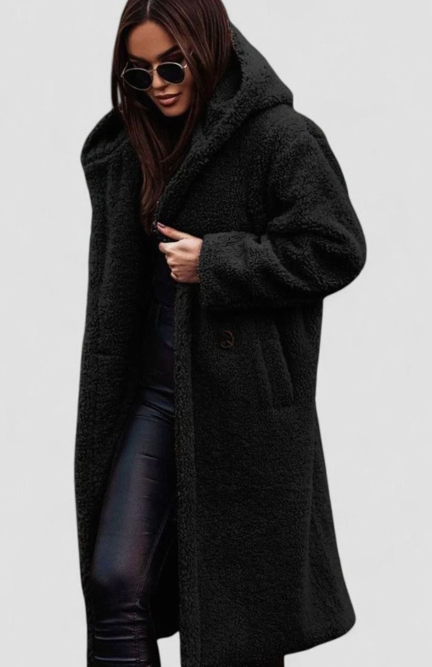 Women's Oversized Teddy Faux Fur Long Winter Coat - Black