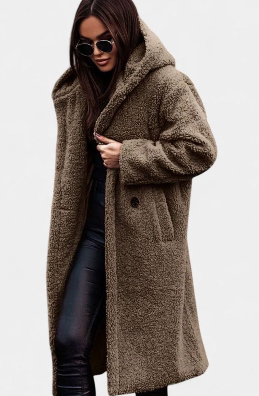 Women's Oversized Teddy Faux Fur Long Winter Coat - Khaki