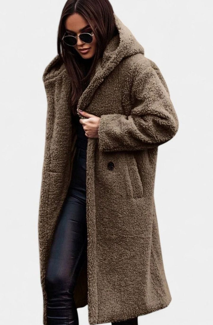 Women's Oversized Teddy Faux Fur Long Winter Coat - Khaki