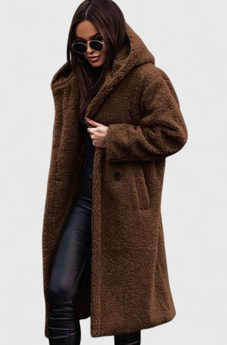 Women's Oversized Teddy Faux Fur Long Winter Coat - Brown