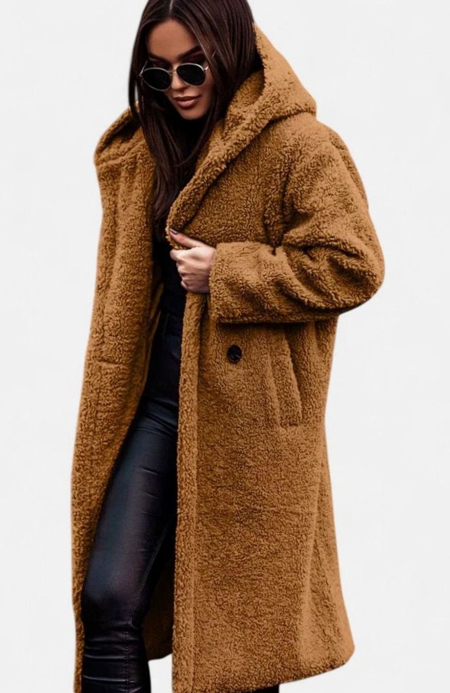Women's Oversized Teddy Faux Fur Long Winter Coat - Light Brown