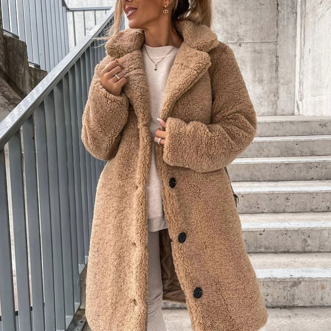 Women's Oversized Teddy Long Winter Coat Button-Front - Beige