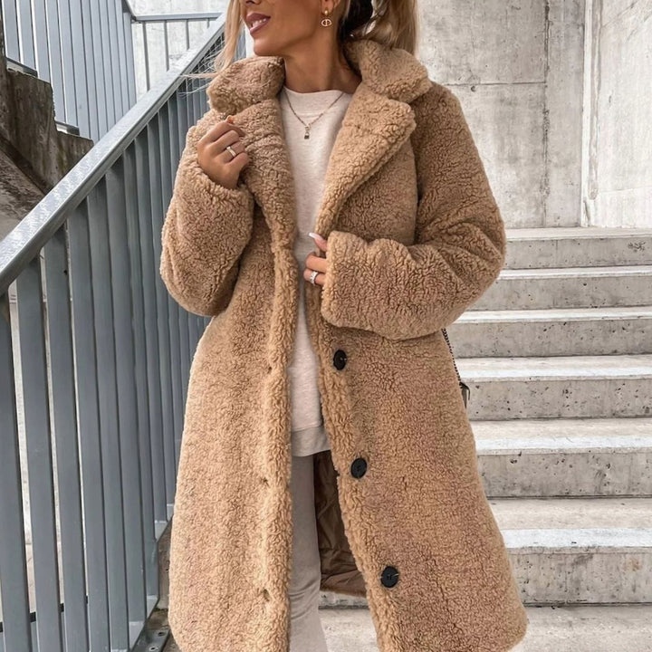 Women's Oversized Teddy Long Winter Coat Button-Front - Beige