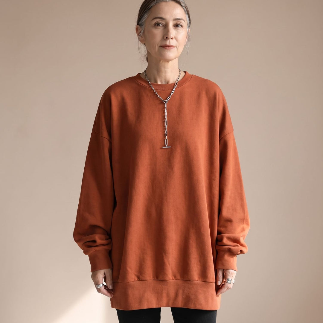 Women's Oversized Tunic Sweater Drop Shoulder Crewneck - Orange