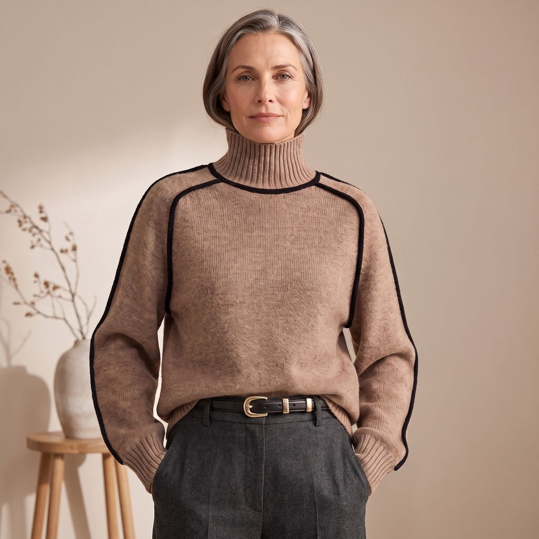 Women's Oversized Turtleneck Contrast-Trim Knit Sweater - Brown