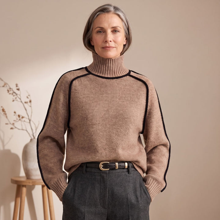 Women's Oversized Turtleneck Contrast-Trim Knit Sweater - Brown