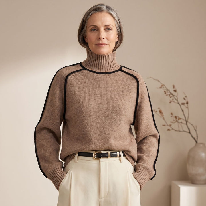 Women's Oversized Turtleneck Contrast-Trim Knit Sweater