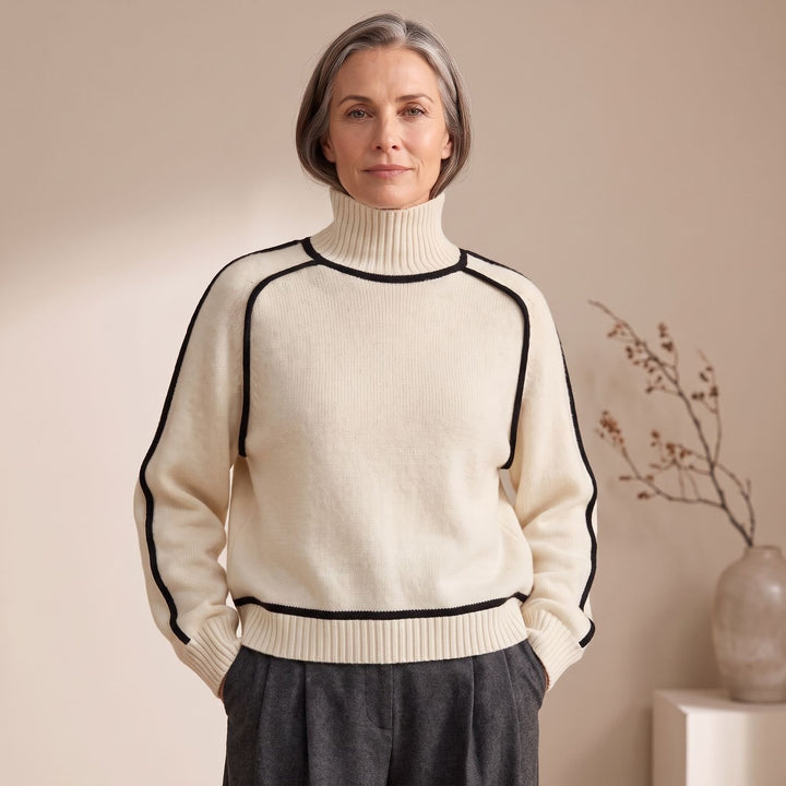 Women's Oversized Turtleneck Contrast-Trim Knit Sweater