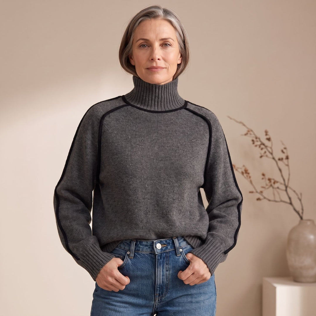 Women's Oversized Turtleneck Contrast-Trim Knit Sweater - Gray