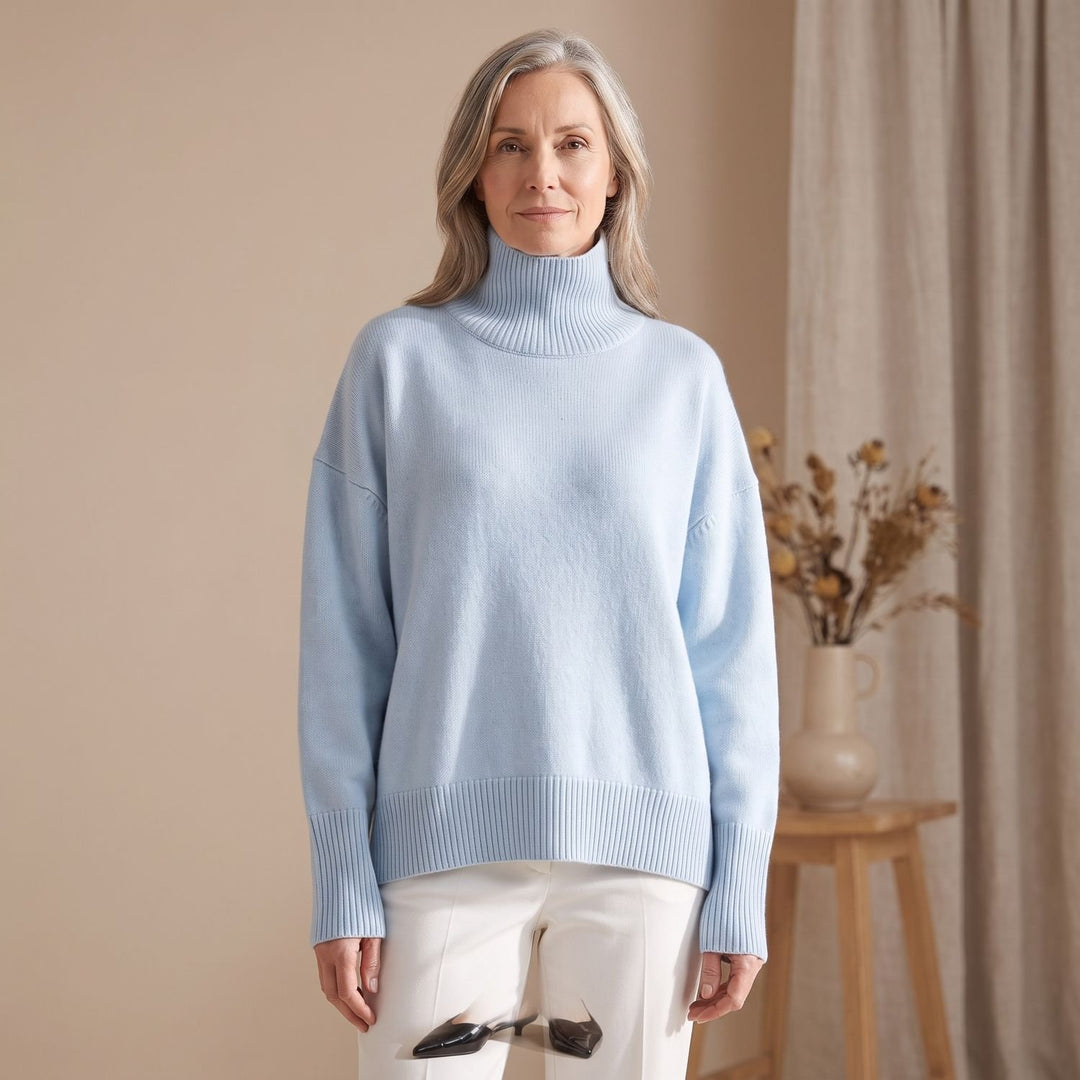 Women's Oversized Turtleneck Knit Sweater Ribbed Trim - Blue