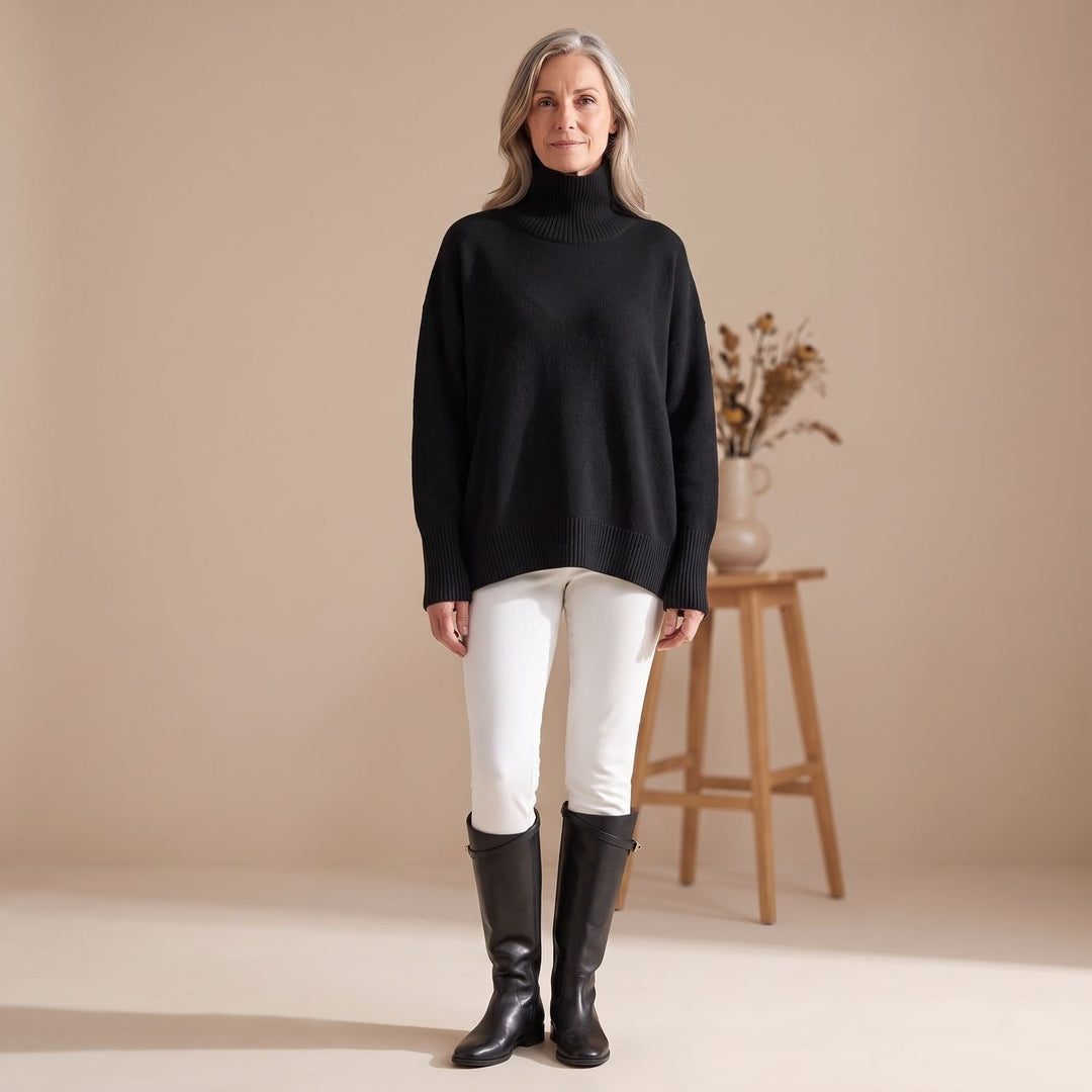 Women's Oversized Turtleneck Knit Sweater Ribbed Trim - Black
