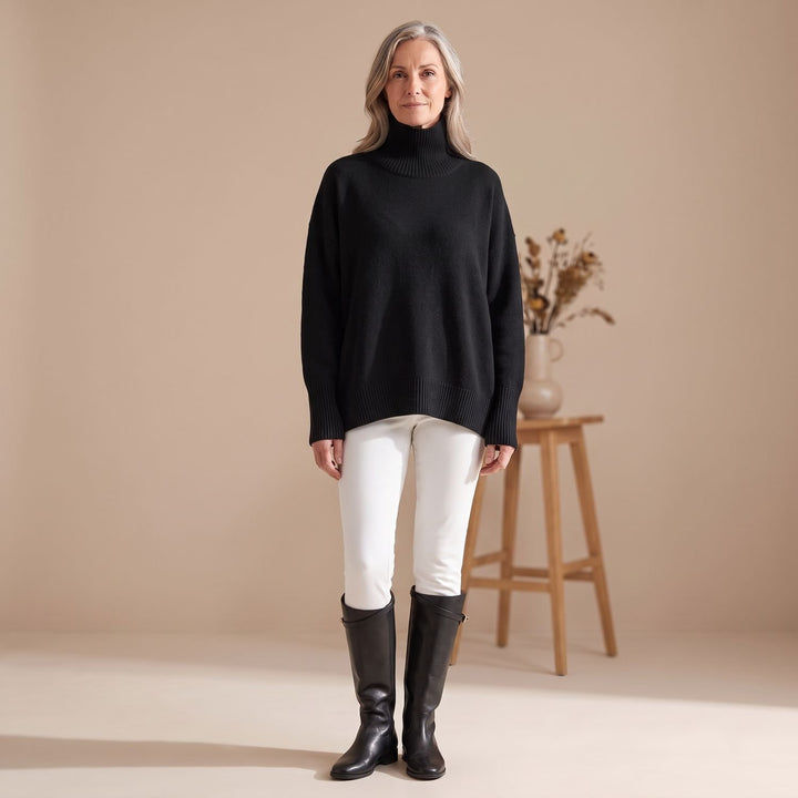 Women's Oversized Turtleneck Knit Sweater Ribbed Trim - Black