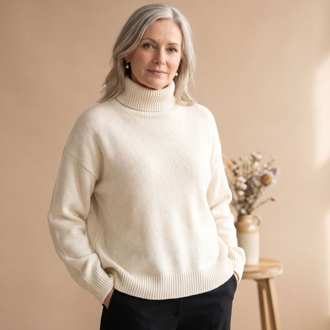 Women's Oversized Turtleneck Knit Sweater Ribbed Trim - White