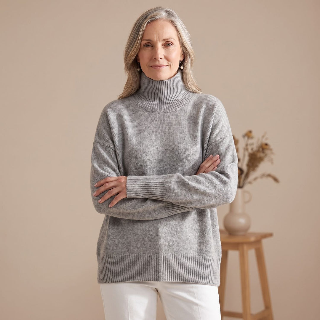 Women's Oversized Turtleneck Knit Sweater Ribbed Trim - Gray